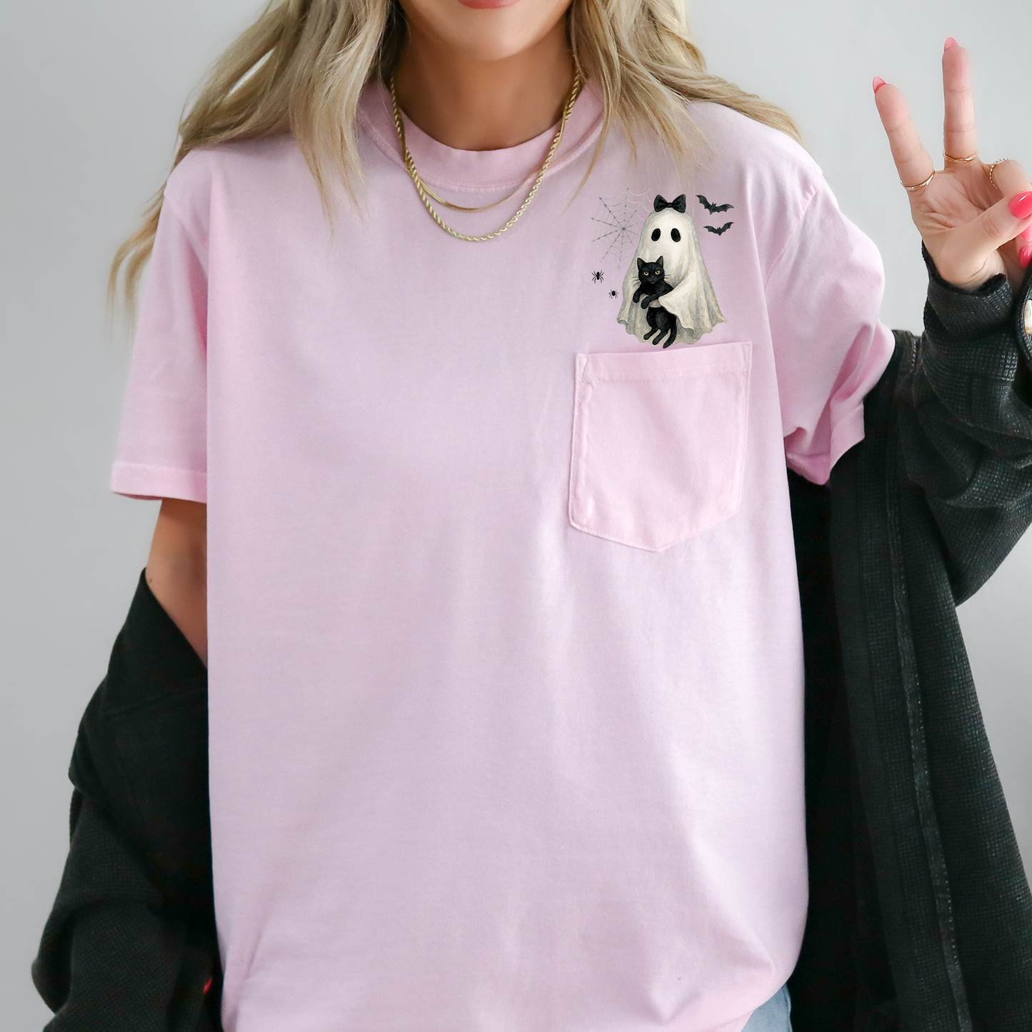 Cute Ghost, Black Cat, Halloween, Coquette, Pocket, Comfort Colors Pocket T-Shirt