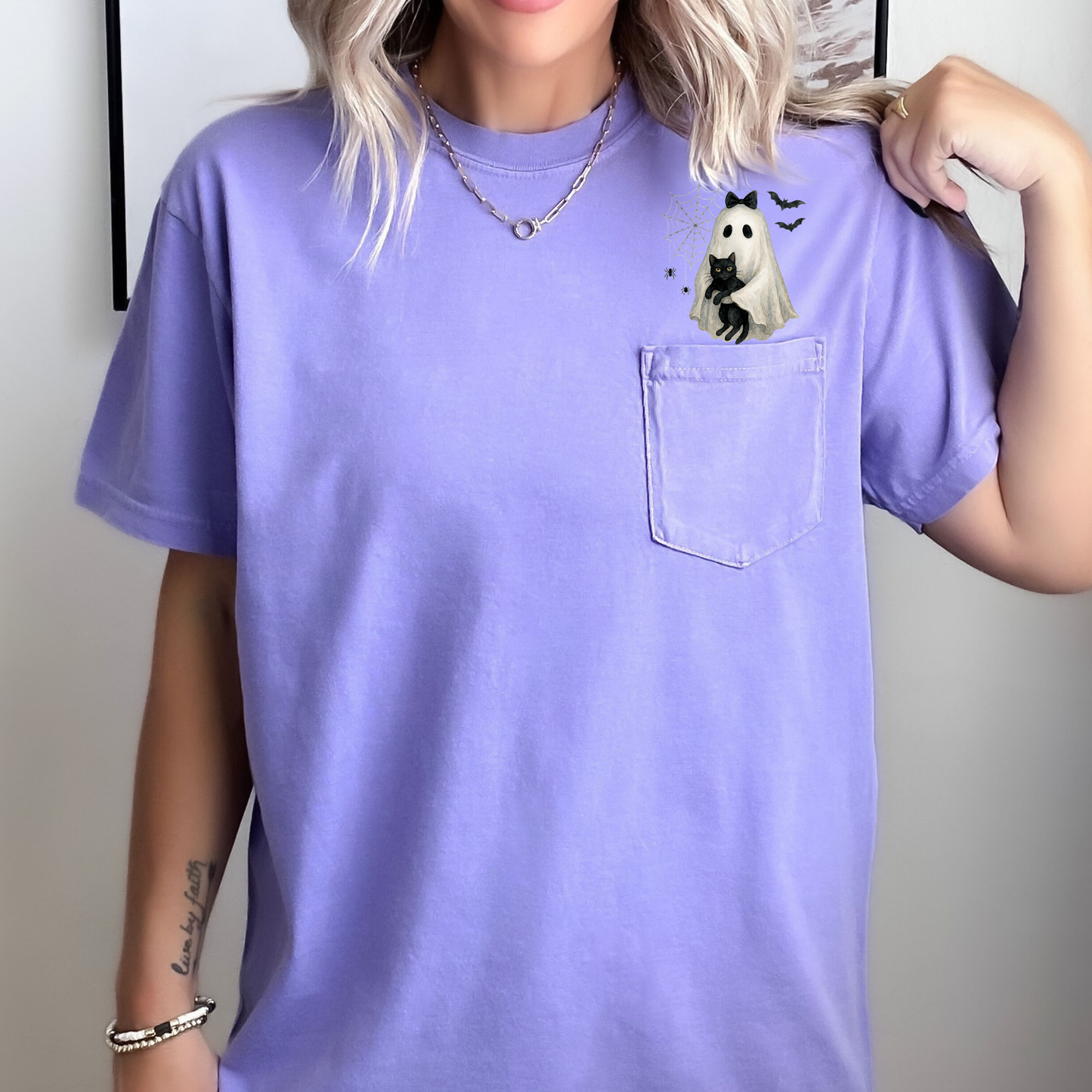 Cute Ghost, Black Cat, Halloween, Coquette, Pocket, Comfort Colors Pocket T-Shirt