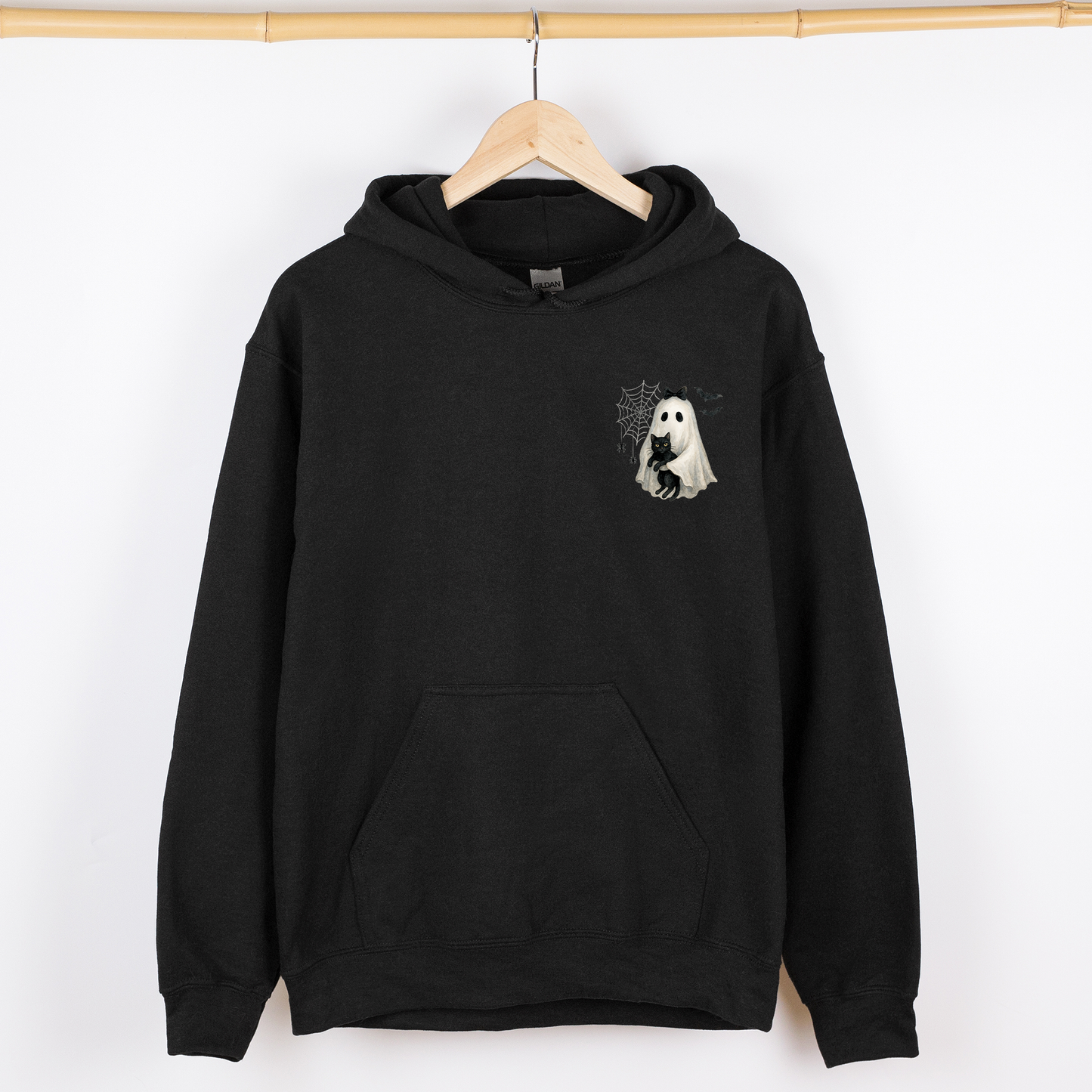Cute Ghost, Black Cat, Halloween, Coquette, Pocket Hoodie, Hooded Sweatshirt