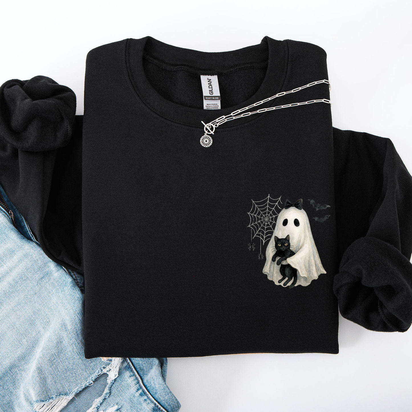 Cute Ghost, Black Cat, Halloween, Coquette, Pocket Sweatshirt