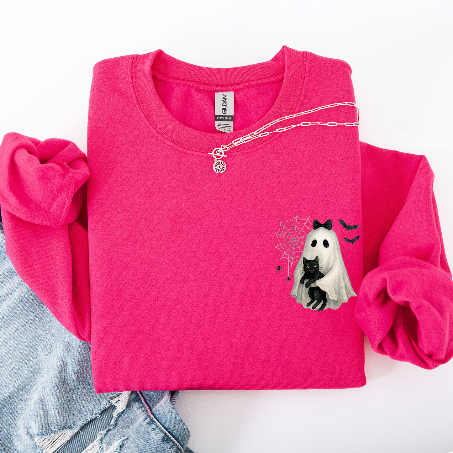 Cute Ghost, Black Cat, Halloween, Coquette, Pocket Sweatshirt