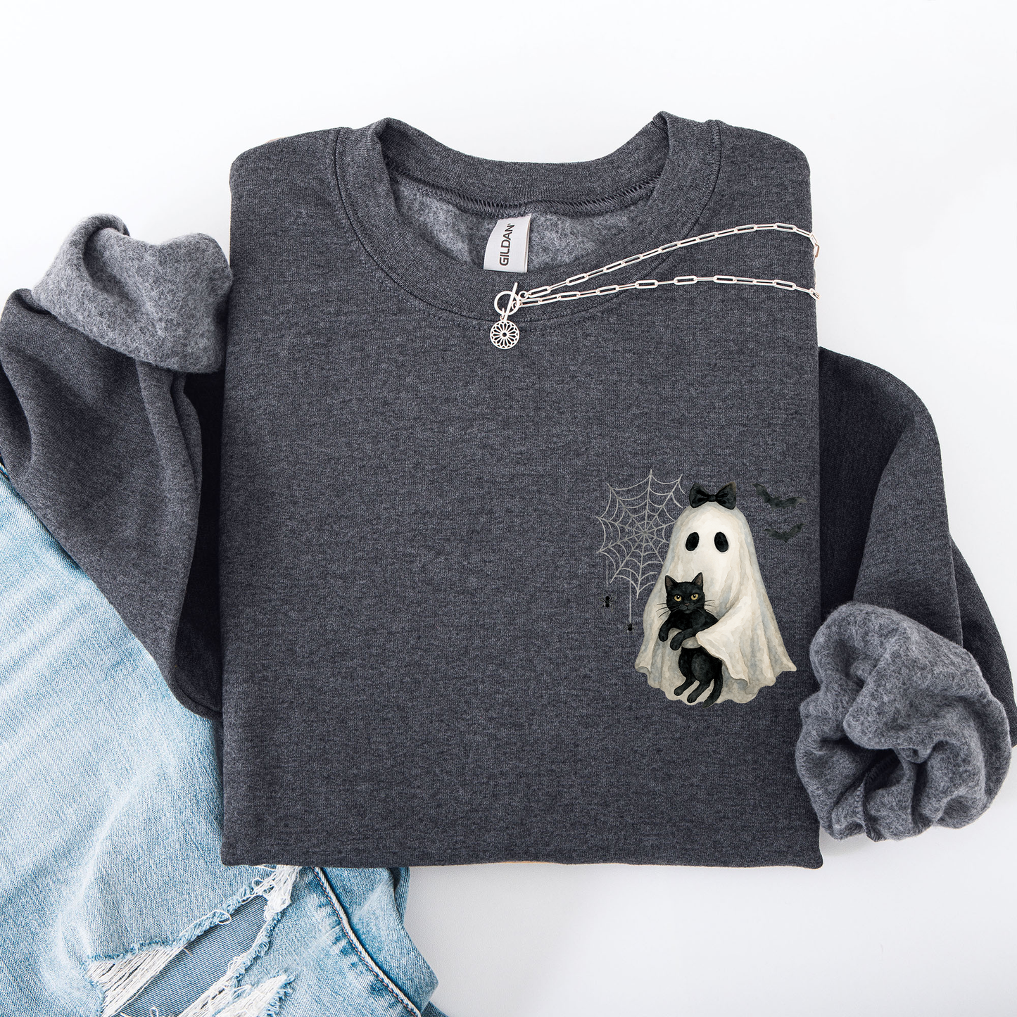 Cute Ghost, Black Cat, Halloween, Coquette, Pocket Sweatshirt