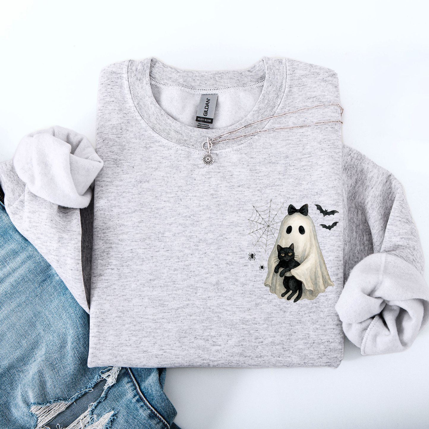 Cute Ghost, Black Cat, Halloween, Coquette, Pocket Sweatshirt