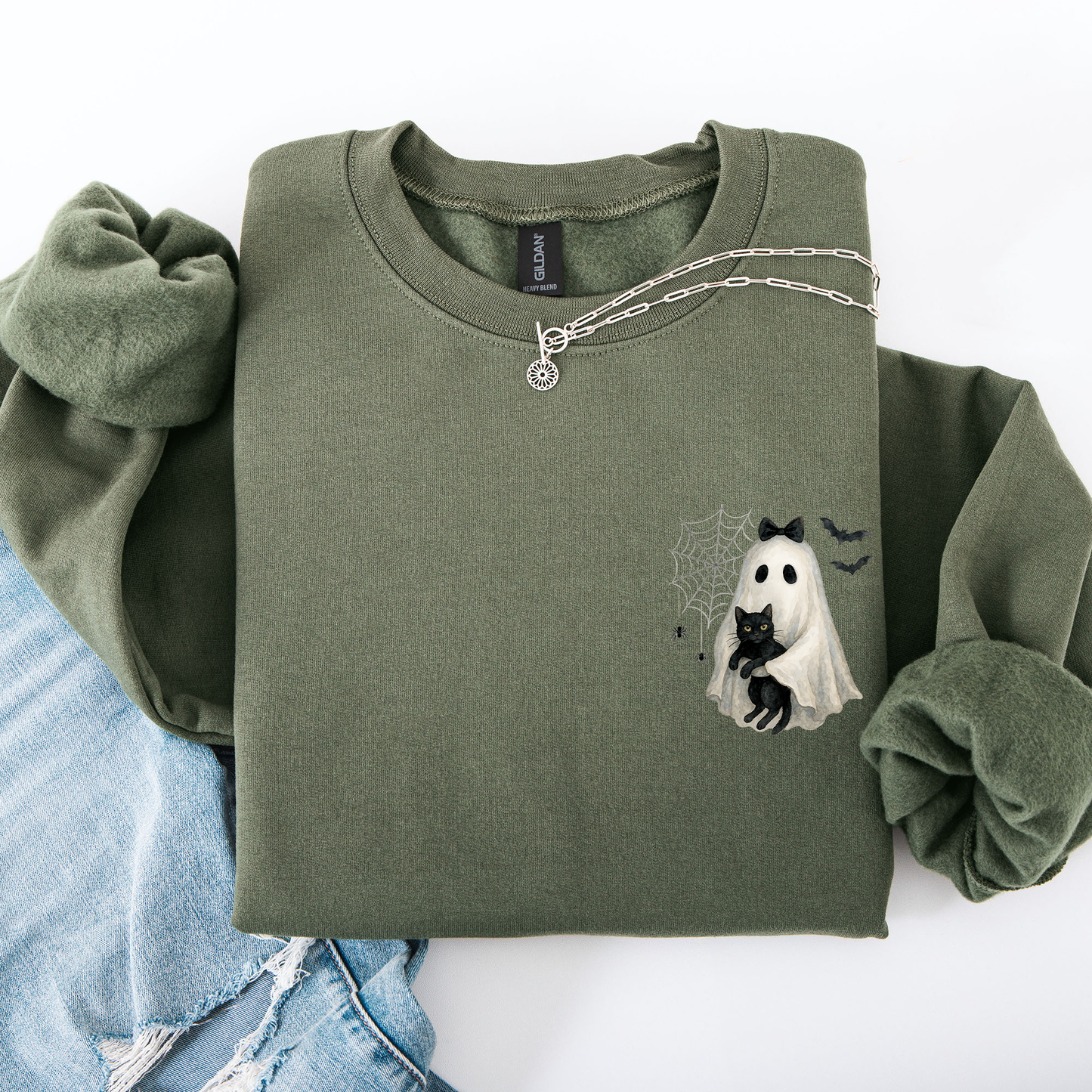 Cute Ghost, Black Cat, Halloween, Coquette, Pocket Sweatshirt