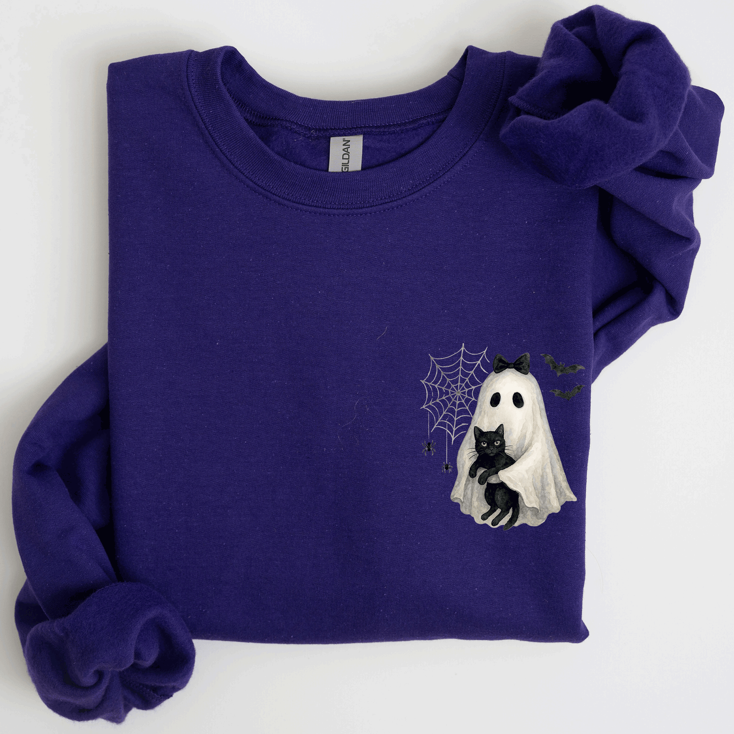 Cute Ghost, Black Cat, Halloween, Coquette, Pocket Sweatshirt