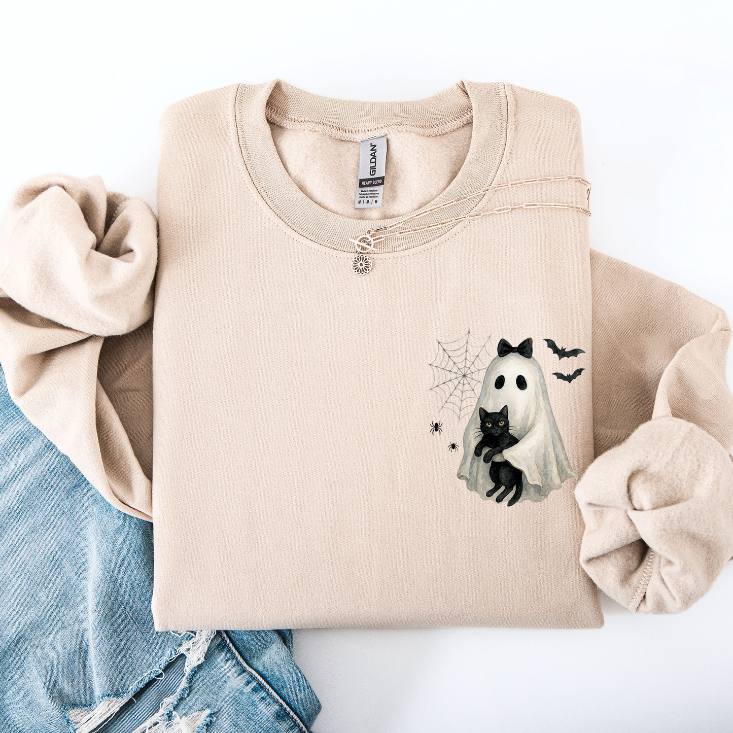 Cute Ghost, Black Cat, Halloween, Coquette, Pocket Sweatshirt