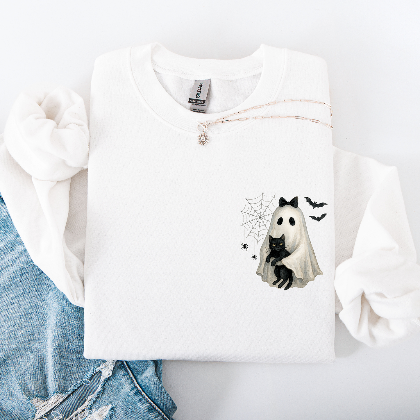Cute Ghost, Black Cat, Halloween, Coquette, Pocket Sweatshirt
