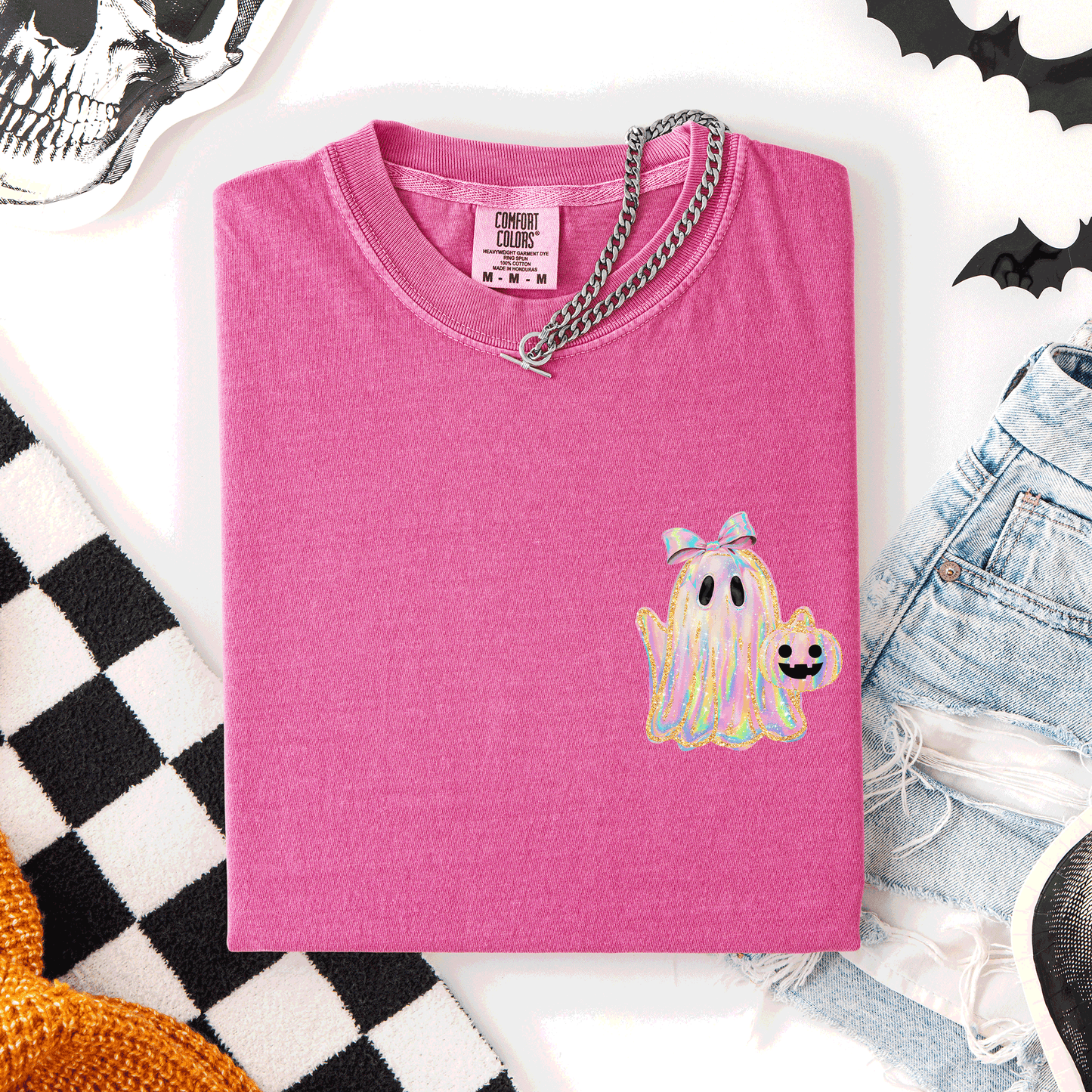 Cute Ghost, Coquette, Ribbon, Faux Glitter, Halloween, Pocket, Comfort Colors T-Shirt
