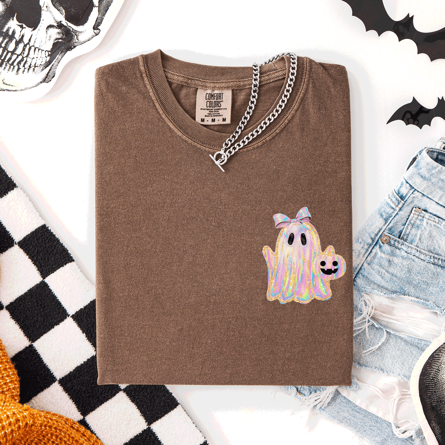 Cute Ghost, Coquette, Ribbon, Faux Glitter, Halloween, Pocket, Comfort Colors T-Shirt
