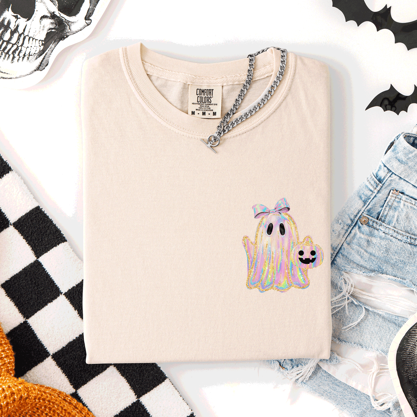 Cute Ghost, Coquette, Ribbon, Faux Glitter, Halloween, Pocket, Comfort Colors T-Shirt