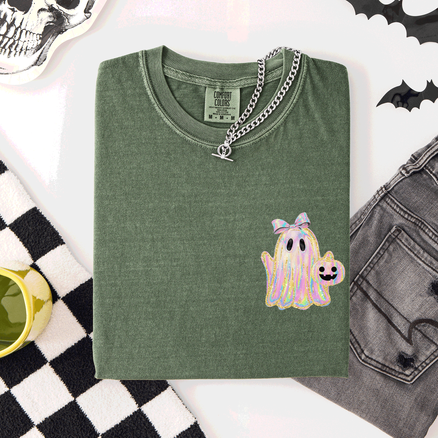 Cute Ghost, Coquette, Ribbon, Faux Glitter, Halloween, Pocket, Comfort Colors T-Shirt