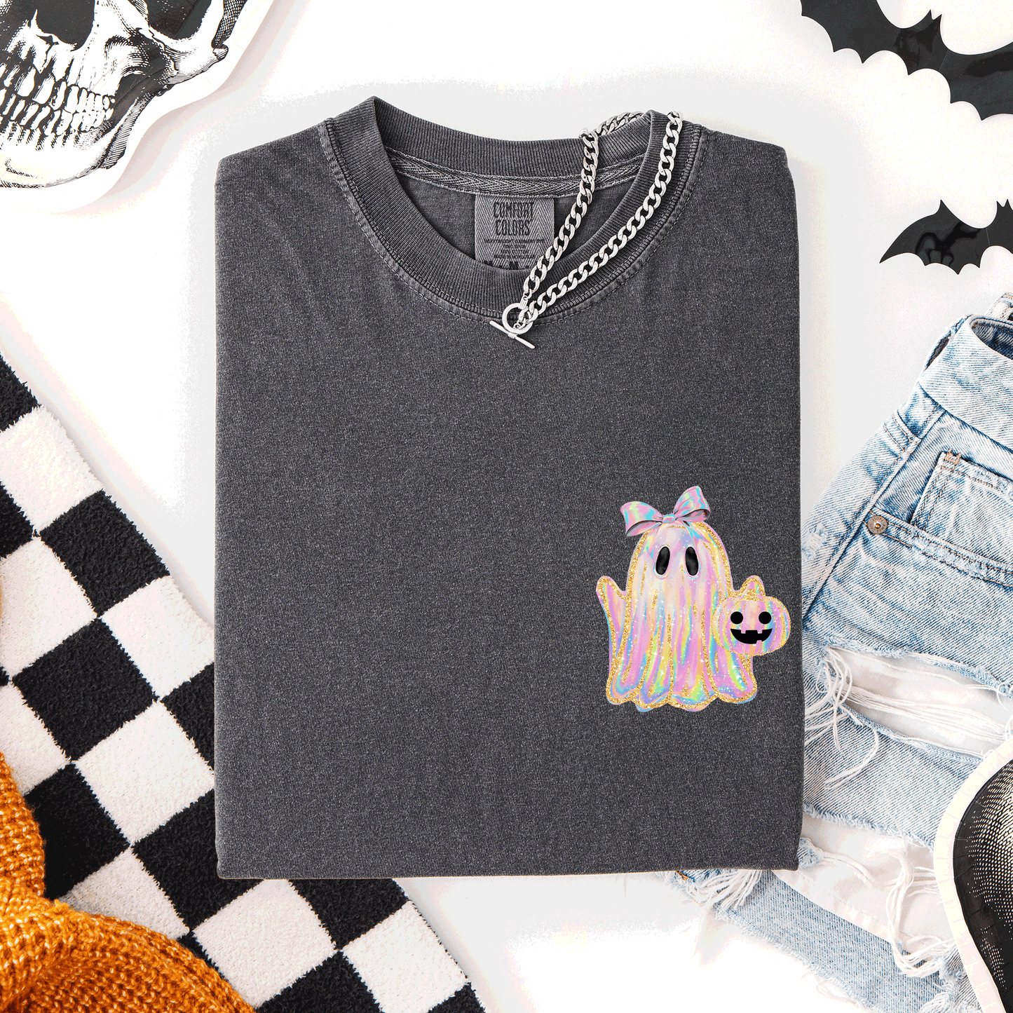 Cute Ghost, Coquette, Ribbon, Faux Glitter, Halloween, Pocket, Comfort Colors T-Shirt