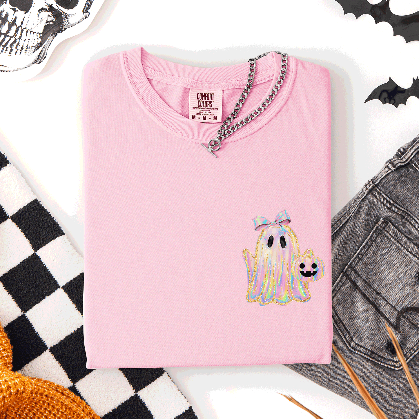 Cute Ghost, Coquette, Ribbon, Faux Glitter, Halloween, Pocket, Comfort Colors T-Shirt
