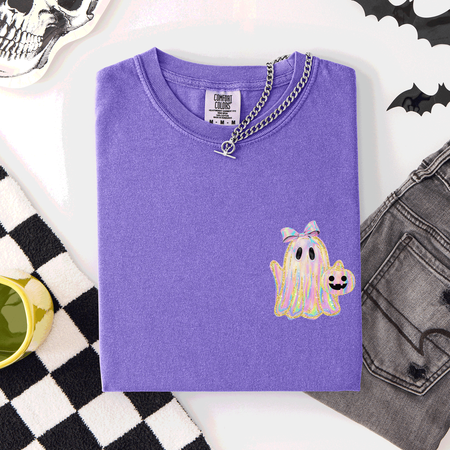 Cute Ghost, Coquette, Ribbon, Faux Glitter, Halloween, Pocket, Comfort Colors T-Shirt
