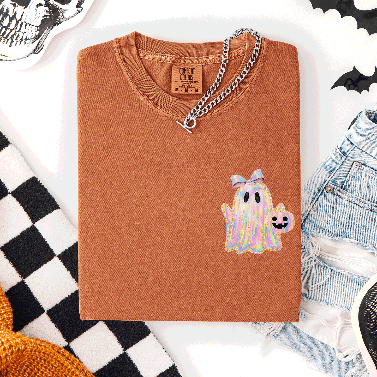 Cute Ghost, Coquette, Ribbon, Faux Glitter, Halloween, Pocket, Comfort Colors T-Shirt