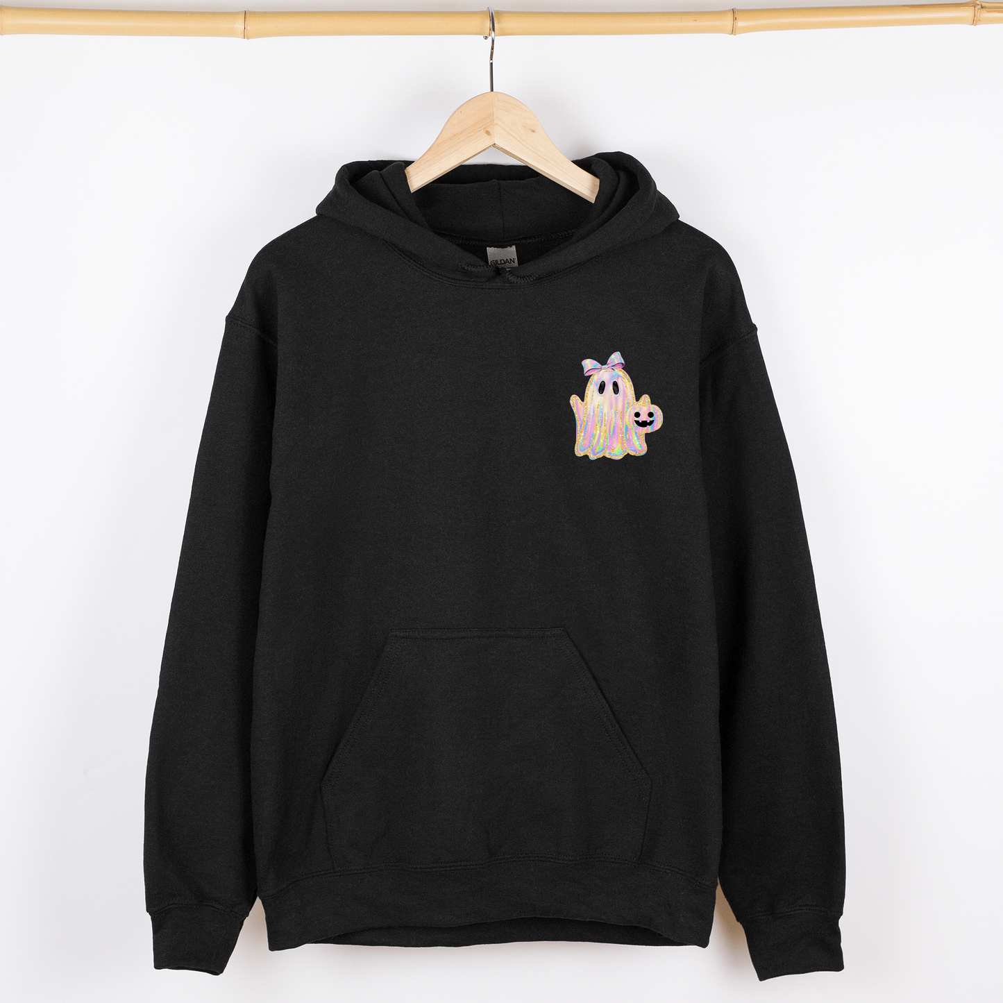 Cute Ghost, Coquette, Ribbon, Faux Glitter, Halloween, Pocket Hoodie, Hooded Sweatshirt