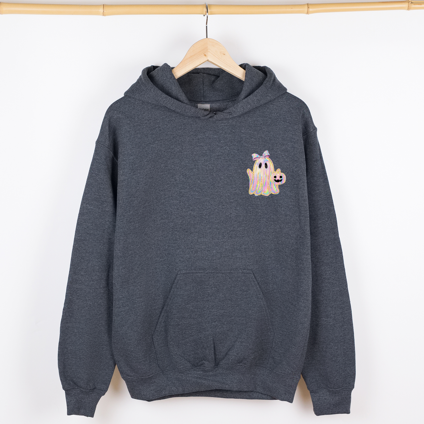 Cute Ghost, Coquette, Ribbon, Faux Glitter, Halloween, Pocket Hoodie, Hooded Sweatshirt