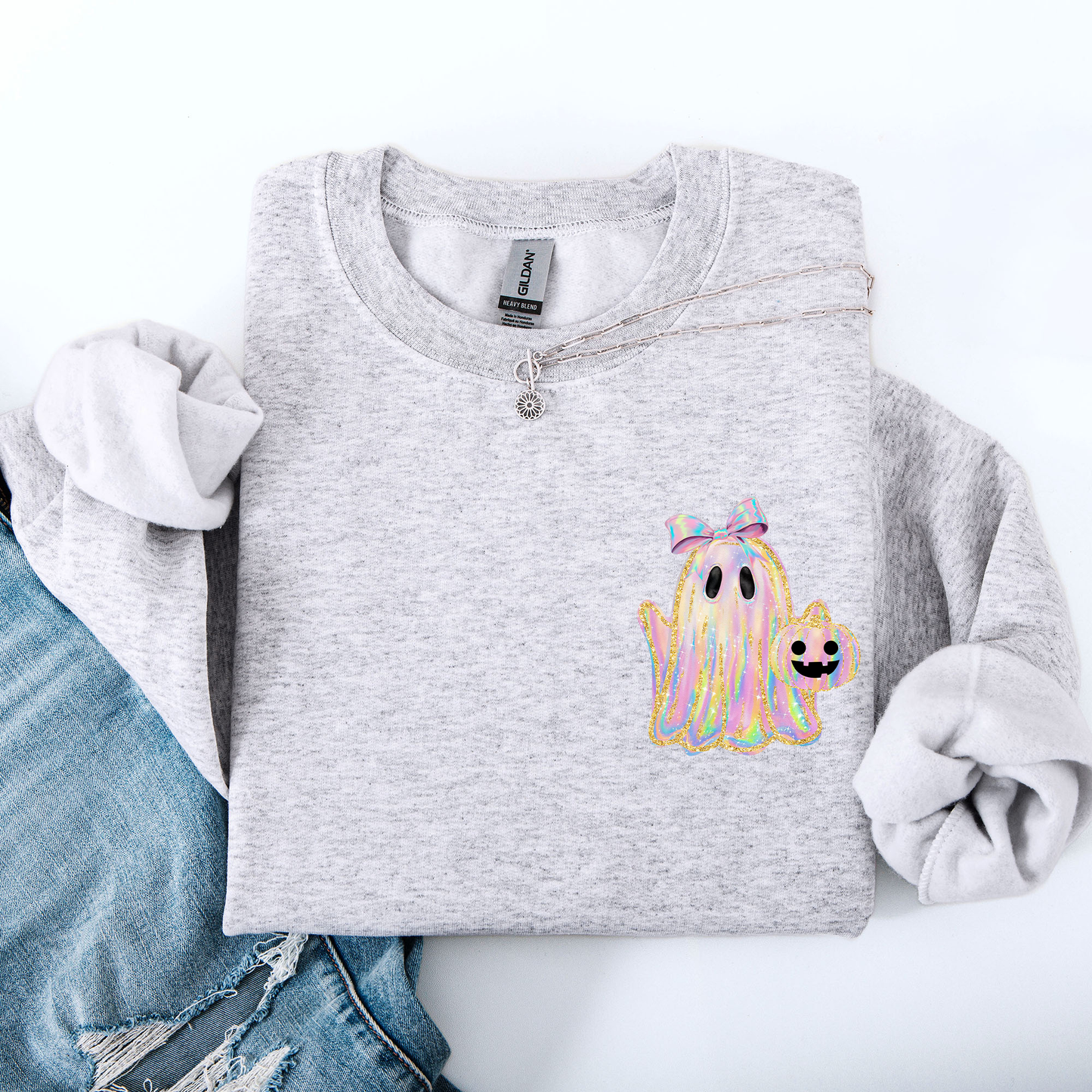 Cute Ghost, Coquette, Ribbon, Faux Glitter, Halloween, Pocket Sweatshirt