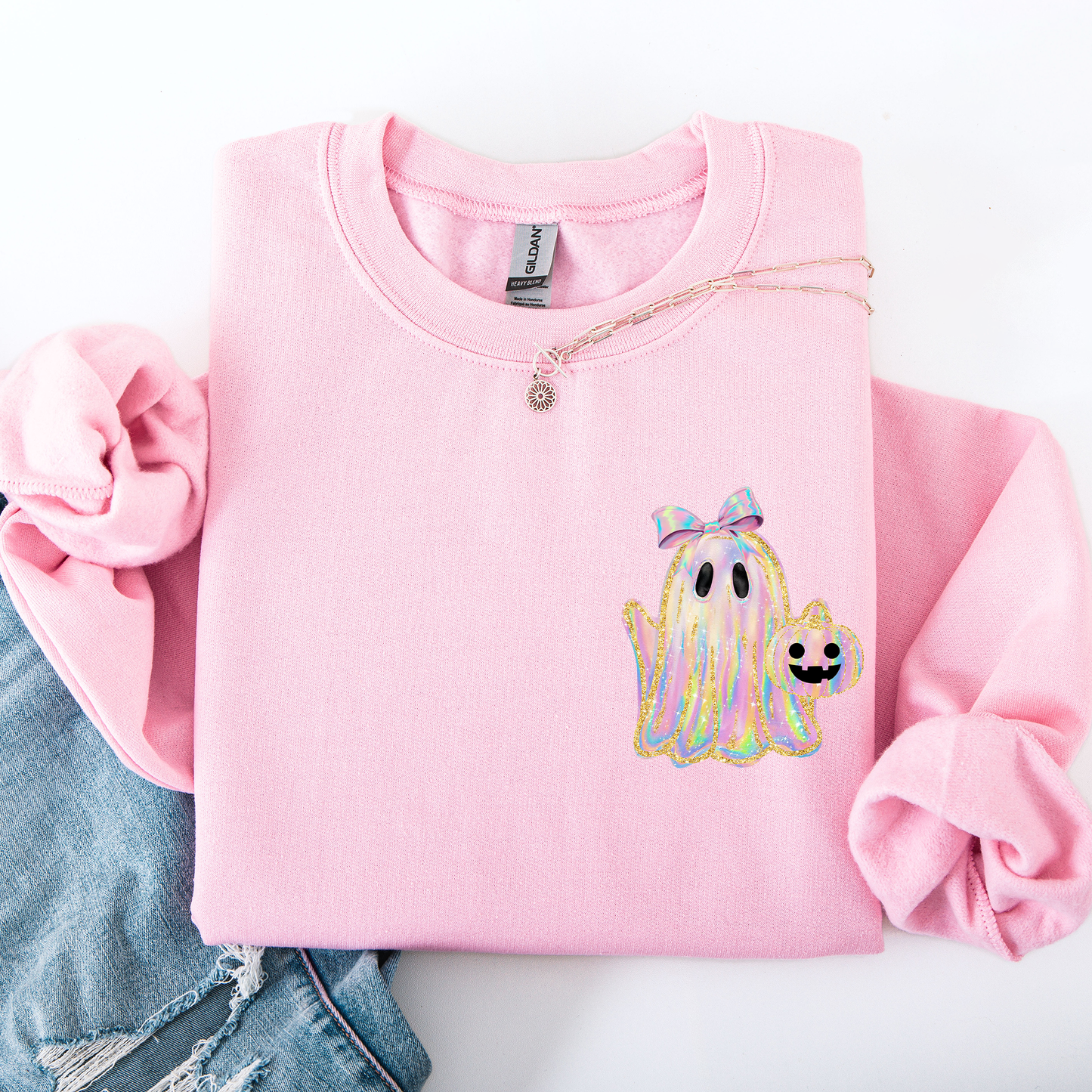 Cute Ghost, Coquette, Ribbon, Faux Glitter, Halloween, Pocket Sweatshirt