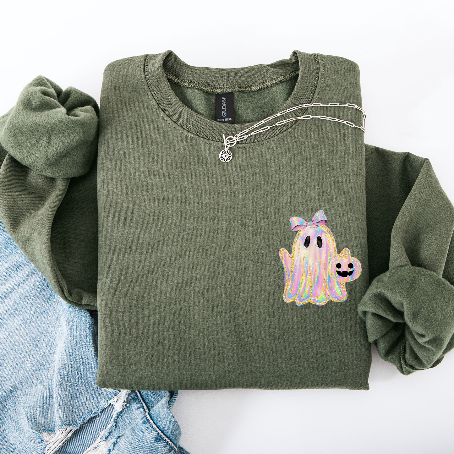 Cute Ghost, Coquette, Ribbon, Faux Glitter, Halloween, Pocket Sweatshirt