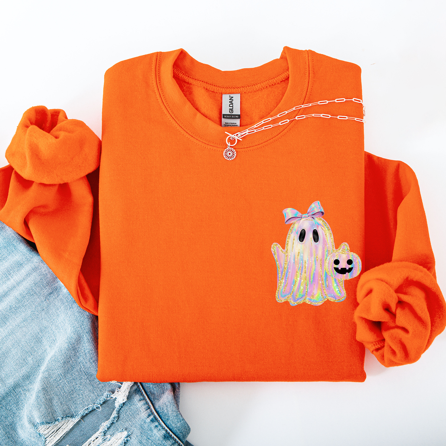 Cute Ghost, Coquette, Ribbon, Faux Glitter, Halloween, Pocket Sweatshirt