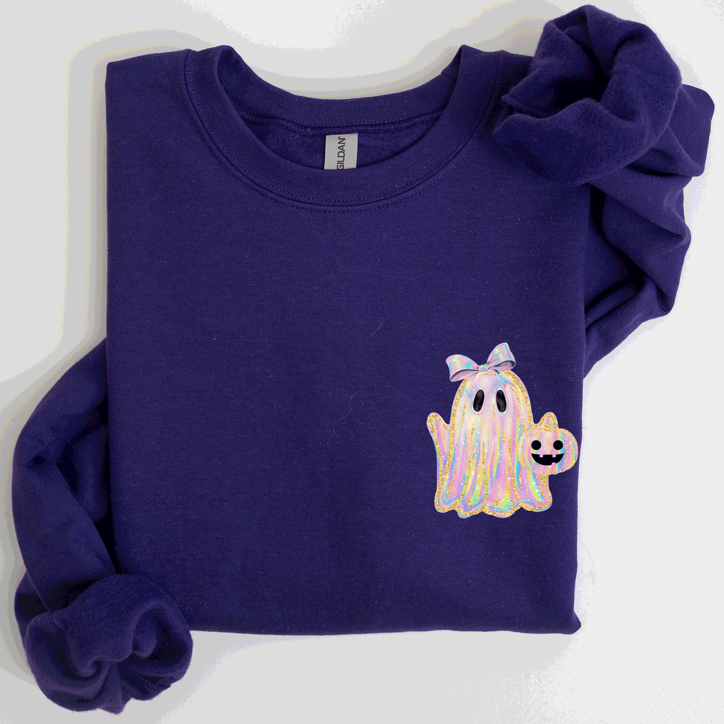 Cute Ghost, Coquette, Ribbon, Faux Glitter, Halloween, Pocket Sweatshirt