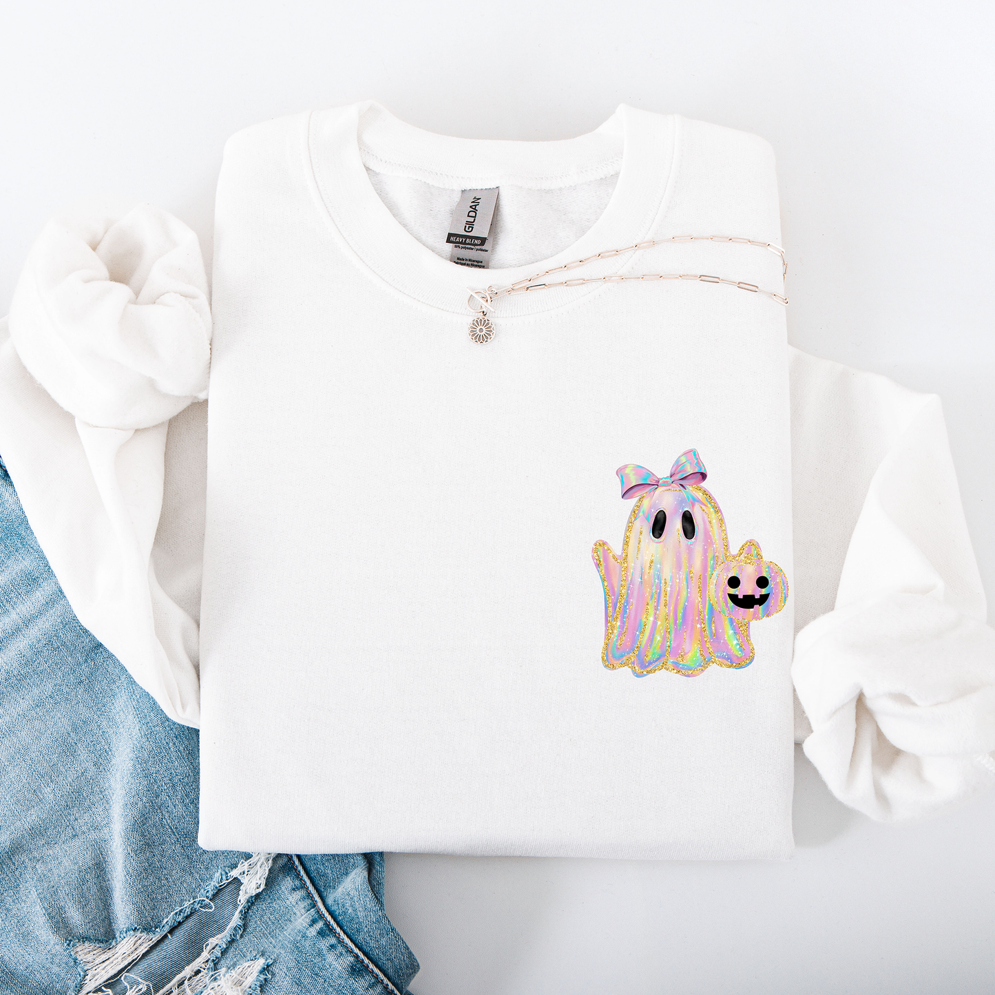 Cute Ghost, Coquette, Ribbon, Faux Glitter, Halloween, Pocket Sweatshirt