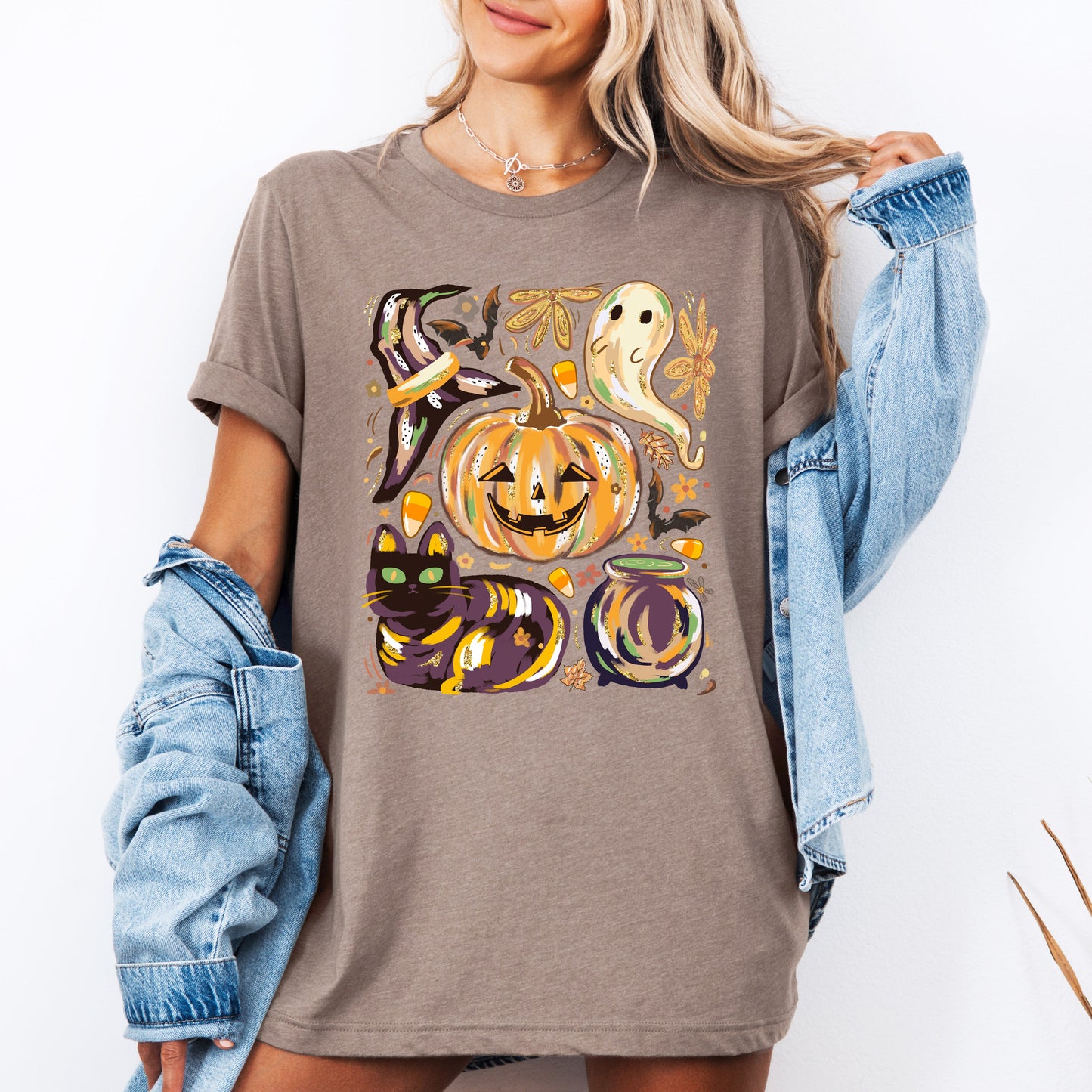 Cute Halloween Painted, Pumpkin, Black Cat, Ghost, Witch, Tshirt