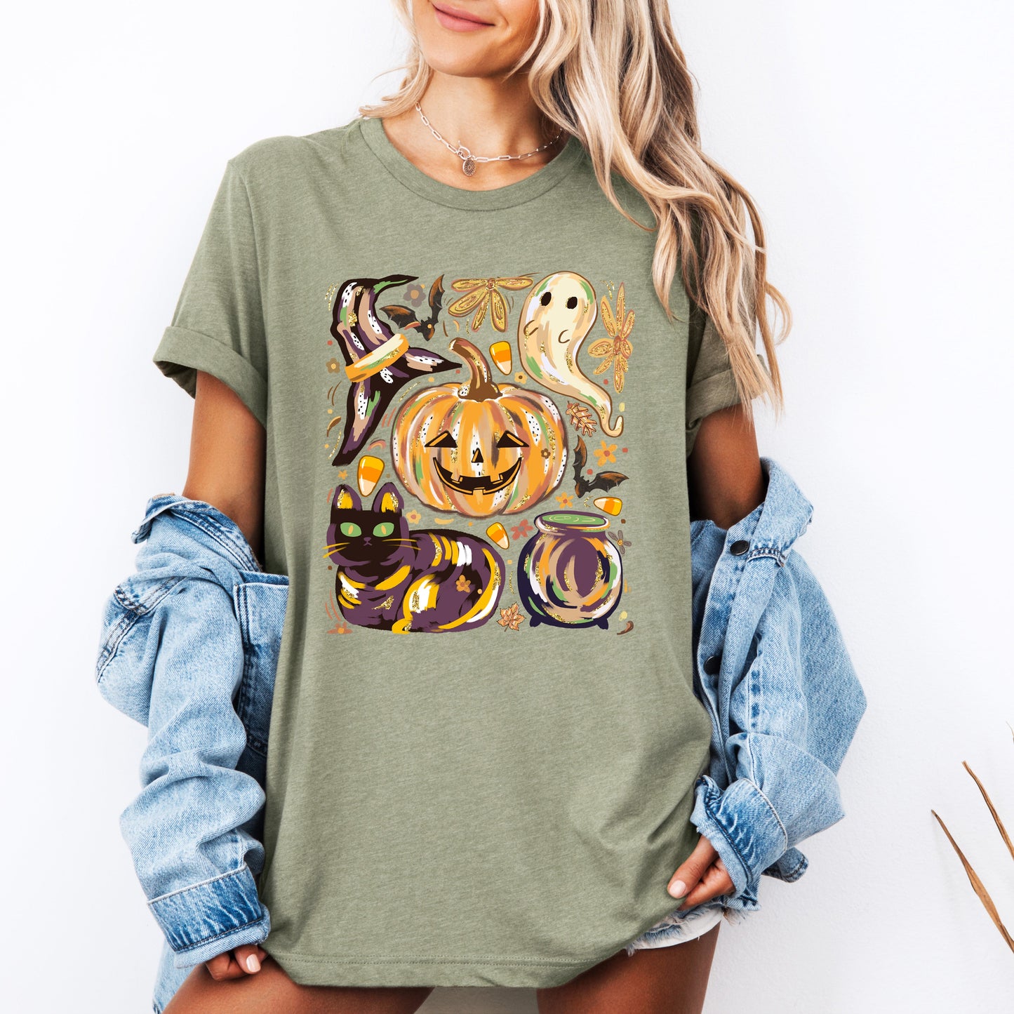 Cute Halloween Painted, Pumpkin, Black Cat, Ghost, Witch, Tshirt