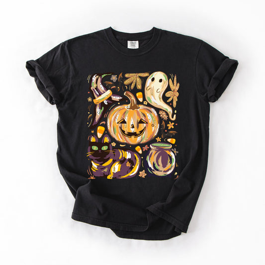 Cute Halloween Painted, Pumpkin, Black Cat, Ghost, Witch, Comfort Colors T-Shirt