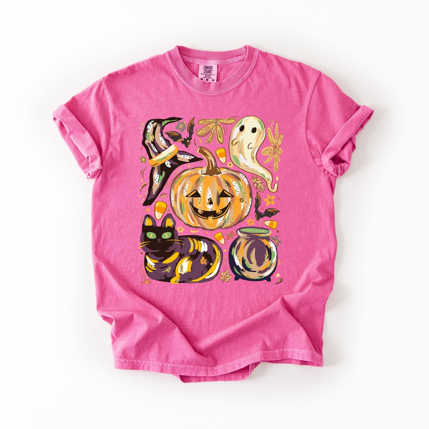 Cute Halloween Painted, Pumpkin, Black Cat, Ghost, Witch, Comfort Colors T-Shirt