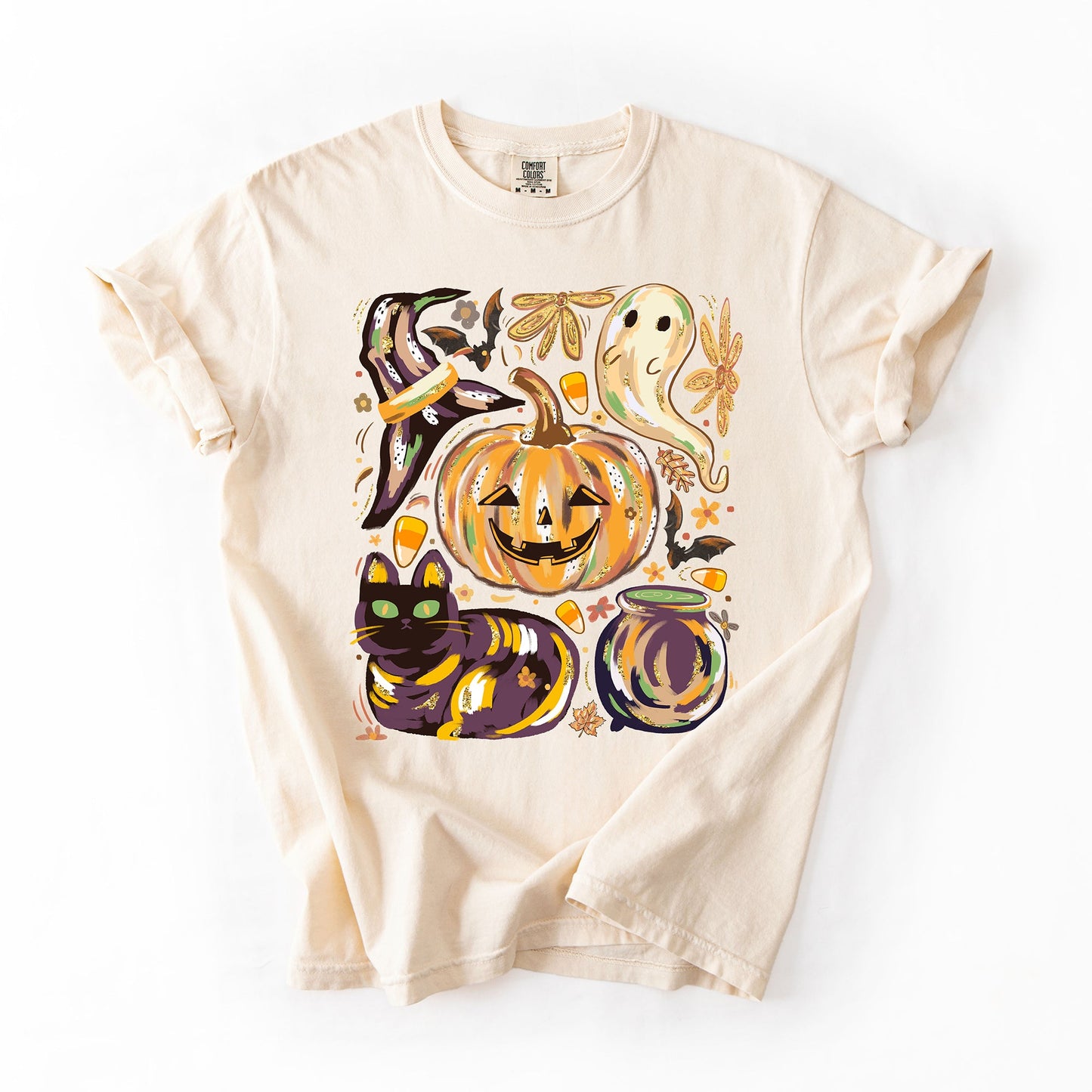 Cute Halloween Painted, Pumpkin, Black Cat, Ghost, Witch, Comfort Colors T-Shirt