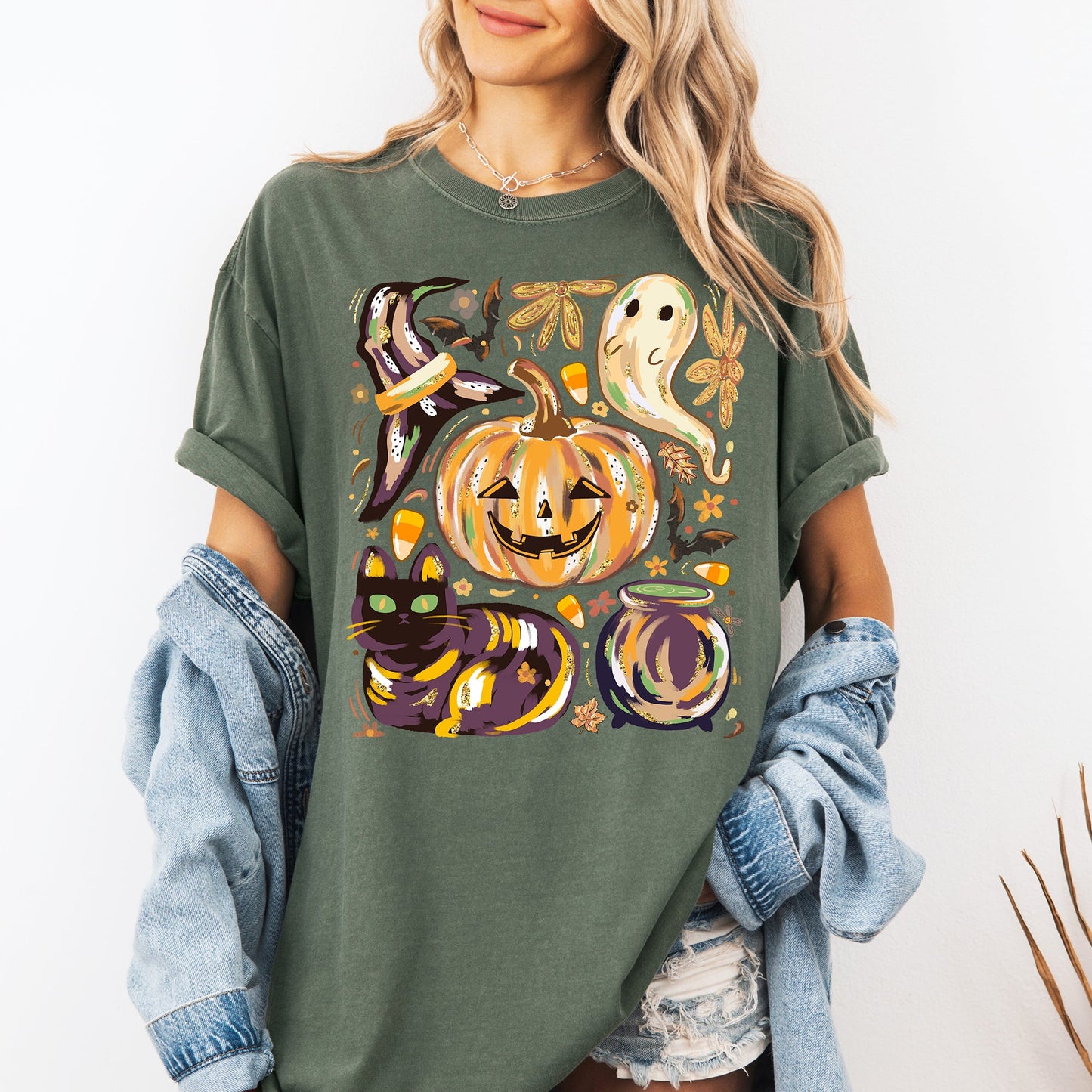 Cute Halloween Painted, Pumpkin, Black Cat, Ghost, Witch, Comfort Colors T-Shirt