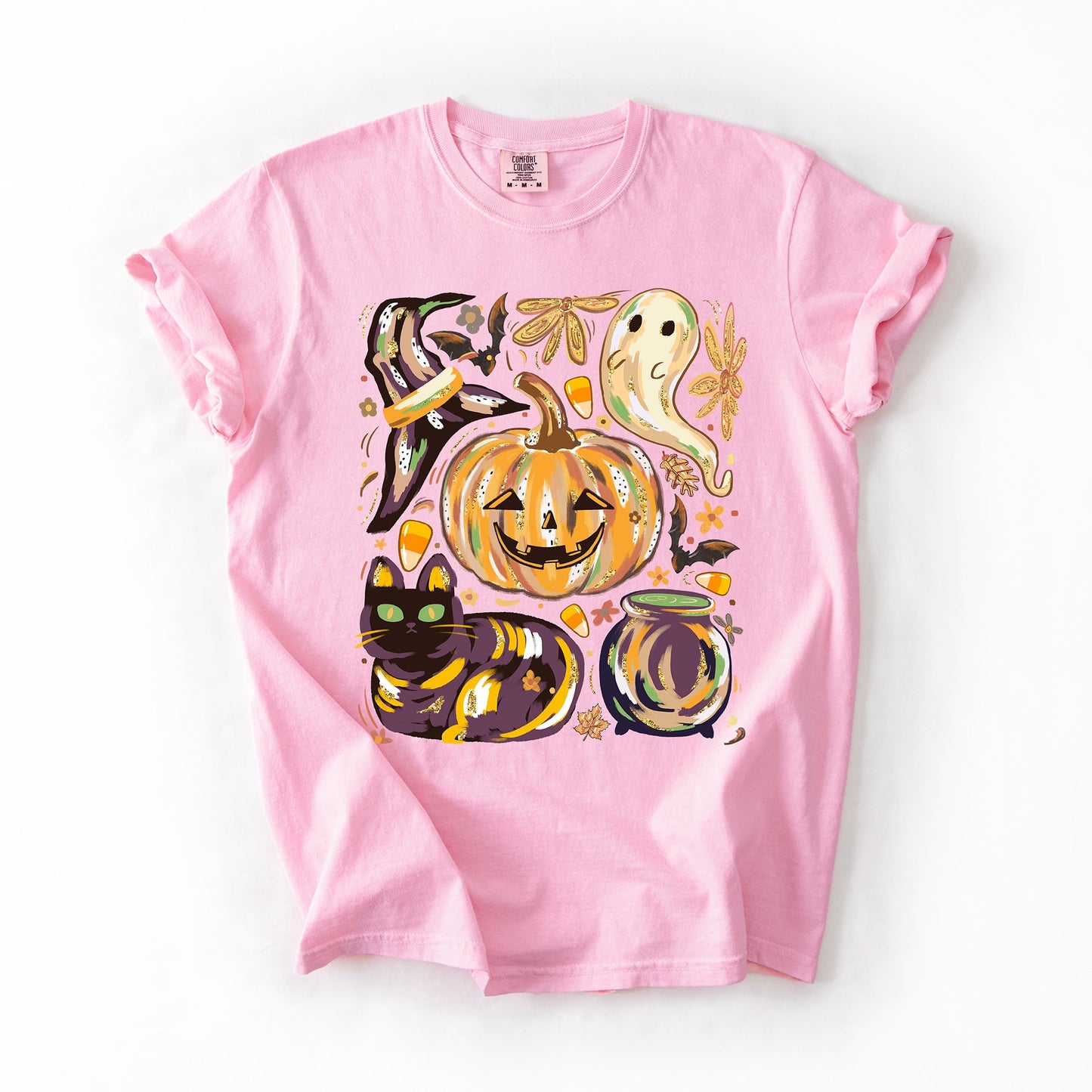 Cute Halloween Painted, Pumpkin, Black Cat, Ghost, Witch, Comfort Colors T-Shirt