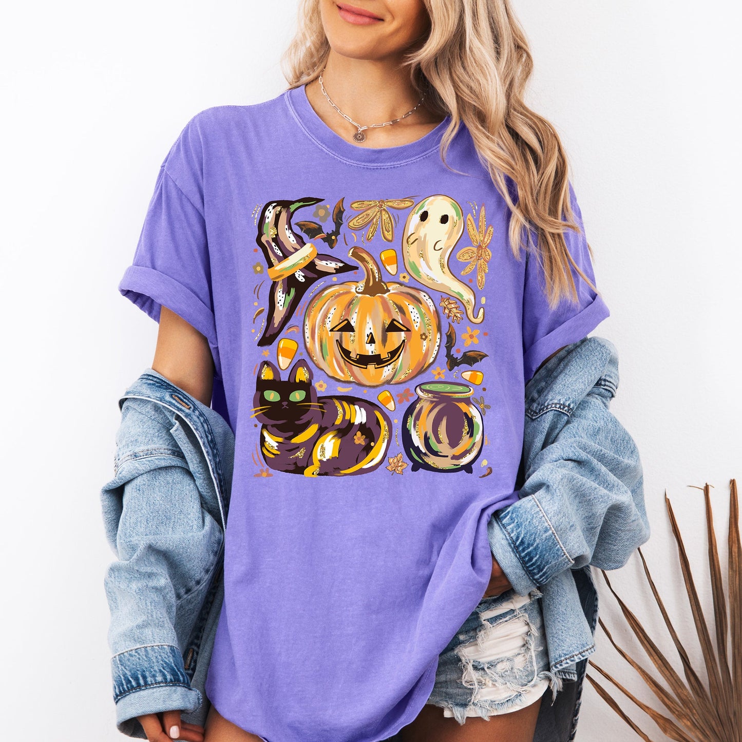 Cute Halloween Painted, Pumpkin, Black Cat, Ghost, Witch, Comfort Colors T-Shirt