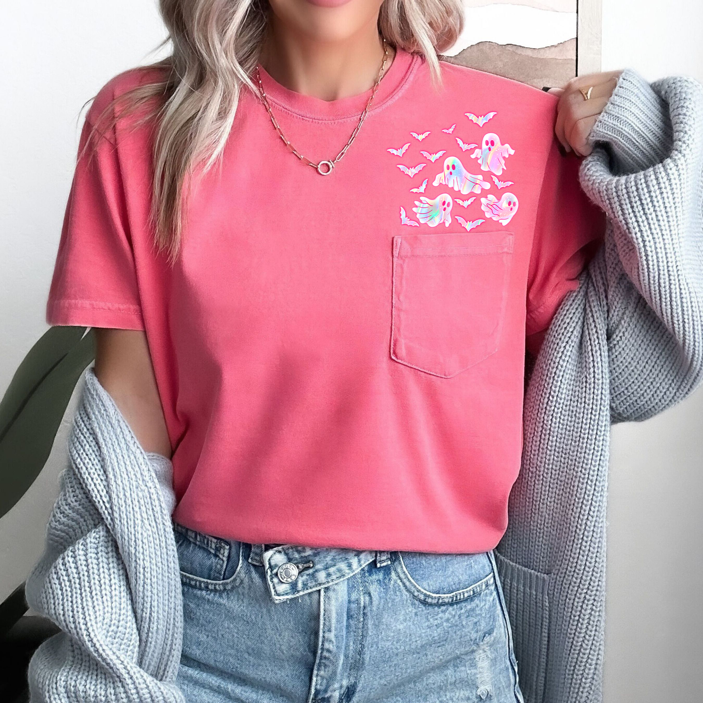 Cute Pastel Ghosts, Pocket Print, Halloween, Trendy, Comfort Colors Pocket T-Shirt