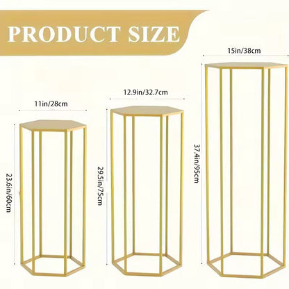 Hex Wedding Cake Stands | 3-Piece Set Gold Metal Pedestals