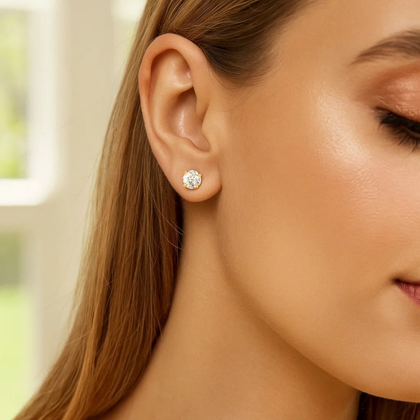 14k Yellow Gold Stud Earrings with White Hue Faceted Cubic Zirconia(6mm)