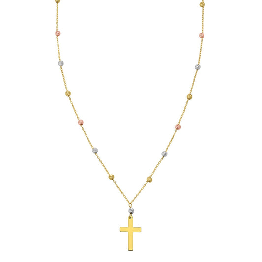 14K Tri Color Gold Beaded Cross Necklace