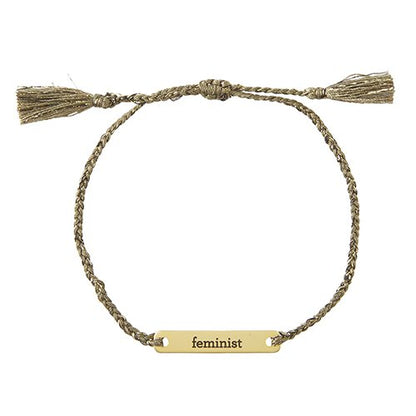 Feminist Stamped Brass Bar Woven Thread Bracelet | In a Giftable Glass