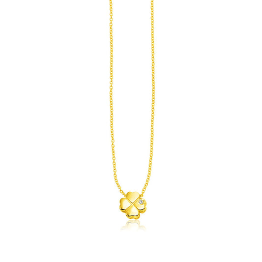 14k Yellow Gold Polished Four Leaf Clover Necklace with Diamond