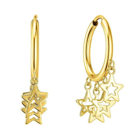 14K Yellow Gold Endless Star Charm Huggie Hoop Earrings