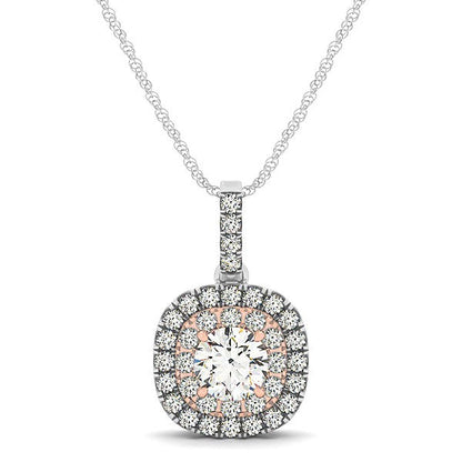 14k White And Rose Gold Cushion Shape Halo Diamond Pendant (1/2 cttw)