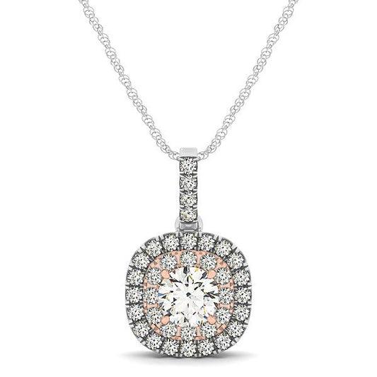 14k White And Rose Gold Cushion Shape Halo Diamond Pendant (1/2 cttw)
