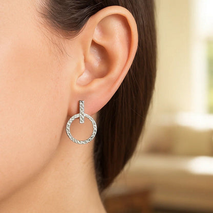 14k White Gold Textured Circle and Bar Post Earrings