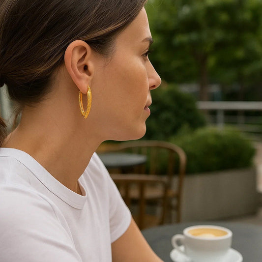 14k Yellow Gold V Shaped Puffed Hoop Earrings