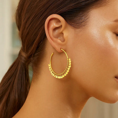 14k Yellow Gold Hoop Style Earrings with Dangling Sequins(1.5x30mm)