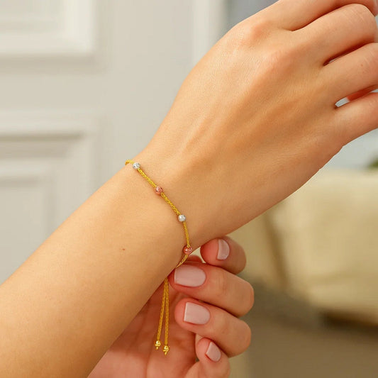 14k Tri-Color Gold Textured Bead Station Lariat Bracelet (5.00 mm)
