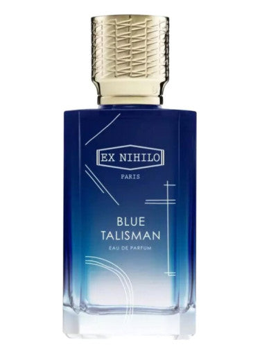 Blue perfume bottle with gold cap labeled 'Ex Nihilo Paris Blue Talisman' on a white background