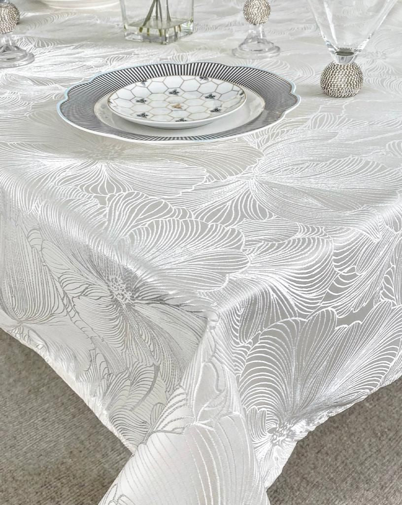 White Delhi Metallic Flower Jacquard - Custom Tablecloths